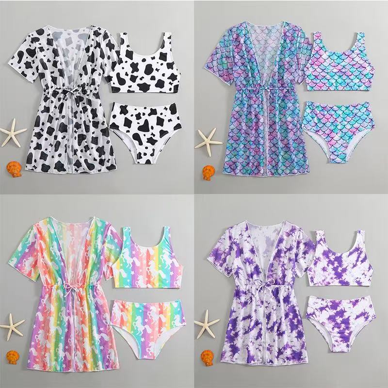 2025 New Mesh Three-Piece Children's Swimsuit for Girls, Cross-Border Amazon Printed Two-Piece Swimwear for Older Girls