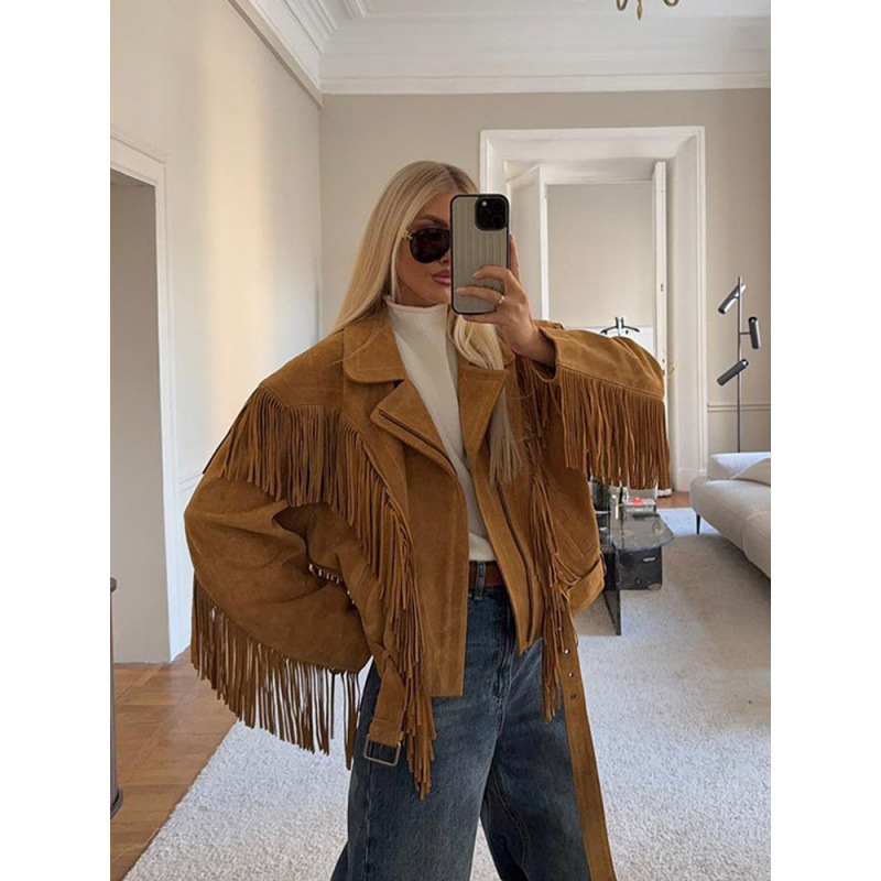 In Stock - Simple Retro Lapel Tassel Wide-Shoulder Suede Jacket 2025 Cross-Border European and American Style Autumn and Winter New Model