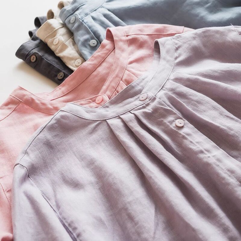 Japanese Commuter Simple Pure Linen Crewneck Pleated Cropped Sleeve Front and Rear Two-Length Gown Art Mid-Length dress