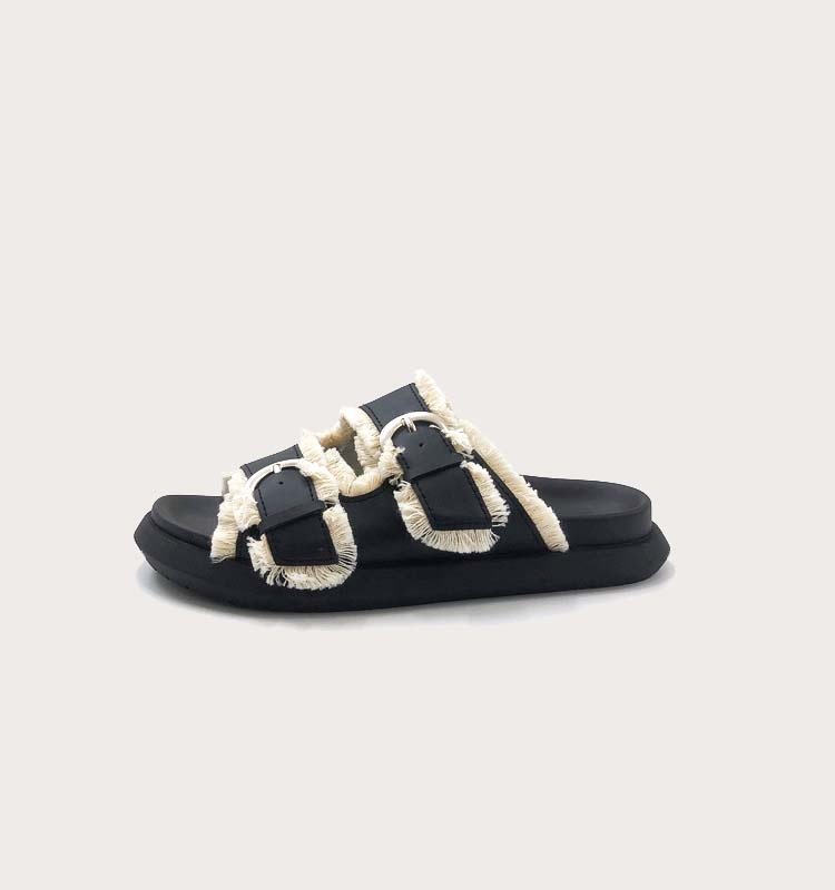 [Garoa] Thick soled retro niche fringed slippers, women's outerwear, belt buckles, versatile one-line sandals, women's shoes, trendy_voghion.com