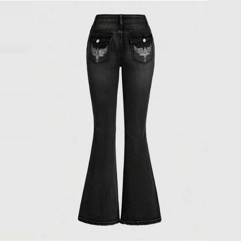 Cross-border Stradivarius European and American butterfly embroidered jeans for women, Y2K washed micro-flared jeans, long pants for women