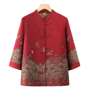 Middle-Aged and Elderly Women's Spring and Summer Shirts, Mother's Three-Quarter Sleeve Shirts, Stand-Up Collar Tang Suits, Elderly Cardigans, Fashionable Shirts