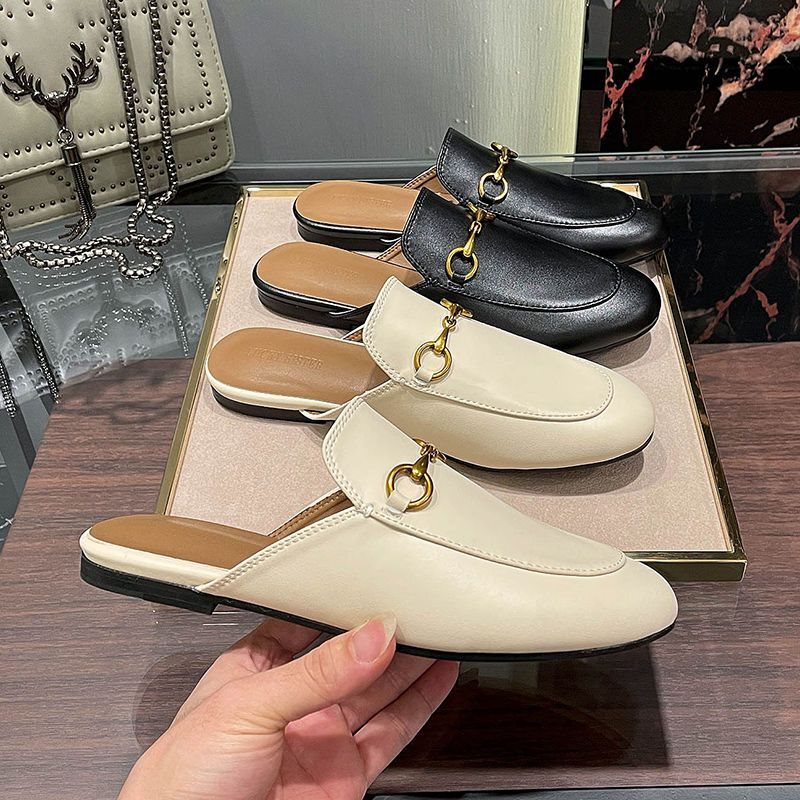 Women's Open-Toe Half-Slippers for Outdoor Wear, 2025 New Style, Genuine Leather Sandals with Horsebit Buckle, Backless Slip-On Shoes, Flat Mules