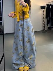 美式复古花朵印花阔腿牛仔裤女夏季高街设计感宽松垂感显瘦直筒裤