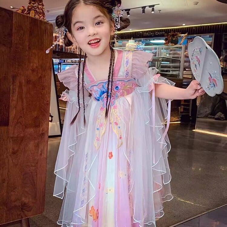 Girls' Hanfu Princess Dress, Ancient Style Summer Outfit, 2026 New Tang Suit, Children's Ancient Costume, Super Fairy Short-Sleeve Dress for Little Girls Girls' Hanfu Princess Dress, Ancient Style Summer Outfit, 2026 New Tang Suit, Children's Ancient Costume, Super Fairy Short-Sleeve Dress for Little Girls