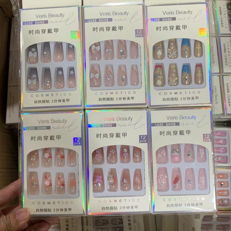 Cross-border new mid-length rhinestone nail stickers fake nail pieces jelly gel wear nail detachable diamond accessories wholesale Cross-border new mid-length rhinestone nail stickers fake nail pieces jelly gel wear nail detachable diamond accessories wholesale