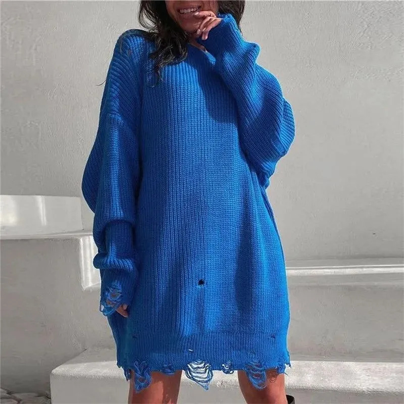 In-Stock Loose Solid Color Ripped Sweater, Mid-Length, Autumn and Winter, European and American Style, 2026 Spring and Autumn, Round Neck, Pullover, Long Sleeve Knitwear