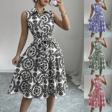 跨境欧美外贸女装亚马逊爆款民族风印花无袖连衣裙修身绑带中裙女