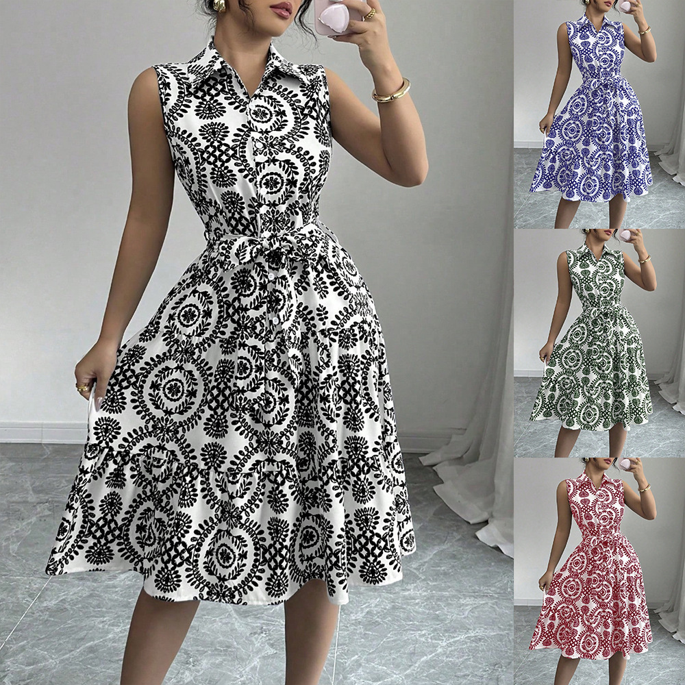 跨境欧美外贸女装亚马逊爆款民族风印花无袖连衣裙修身绑带中裙女