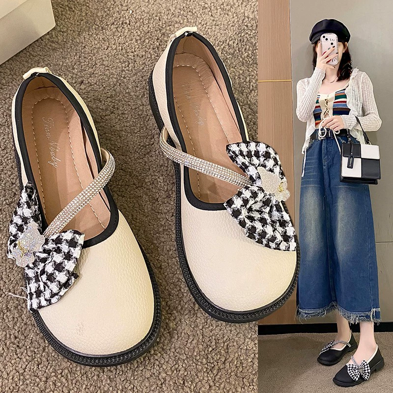 Однотонная обувь Mary Jane Женская 2023 Осенняя новая гусиная катушка с бантом светло-черно-белая кожаная обувь с маленьким ароматом обувь принцессы