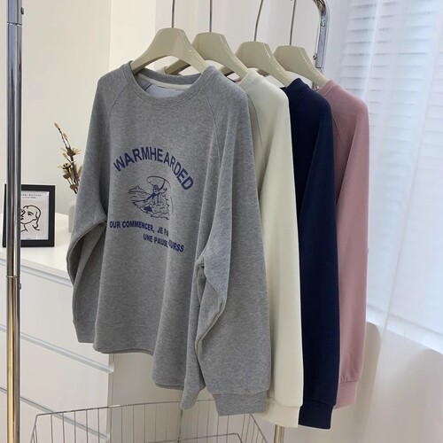 Japanese-style atmosphere early autumn print youthful Korean-style casual sweatshirt for women round neck shoulder-length long sleeves loose tunic top