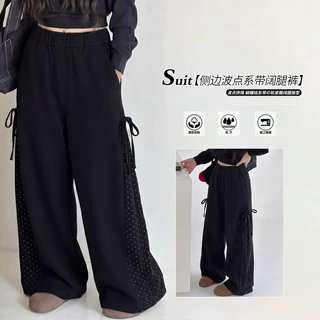 女童韩系甜酷波点系带蝴蝶结阔腿裤秋装2026新款大童时髦宽松长裤