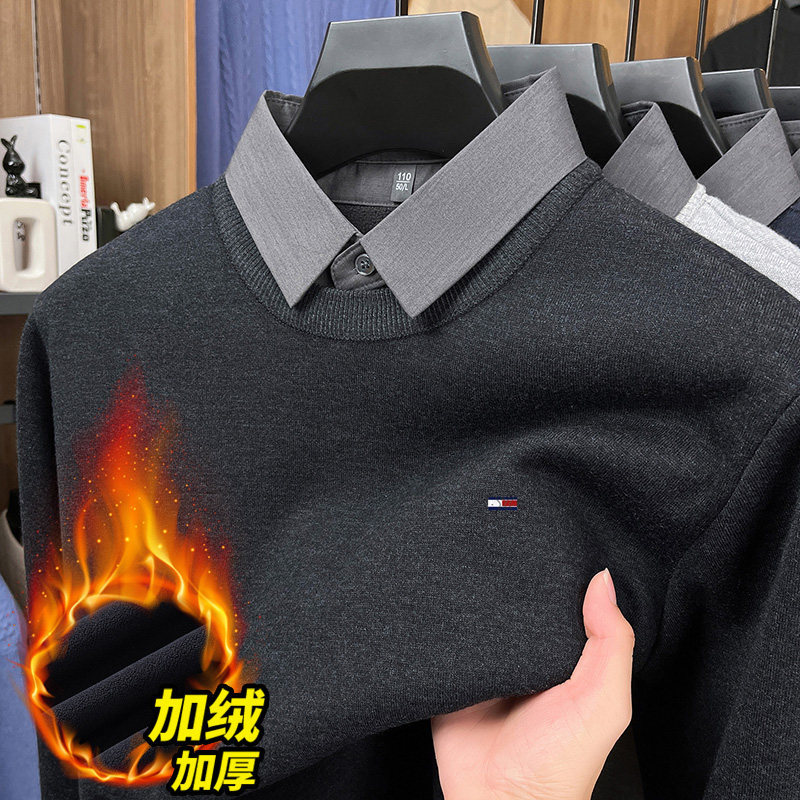 [Outlet Clearance] Genuine Men's Wool Sweater with Fleece Lining, Casual Two-In-One Warm Knitted Sweater