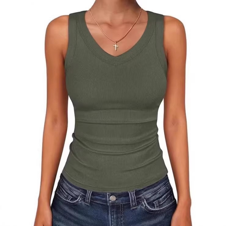 2026 Amazon Women's Low Round Neck Ribbed Casual T-Shirt Sleeveless Stretch Slim Basic Tank Top Women's Top
