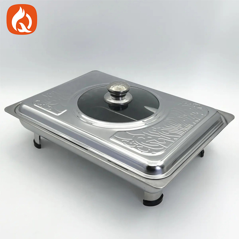 跨境新款印花不锈钢组合盖四脚餐炉餐厅酒店方形直边自助餐炉批发
