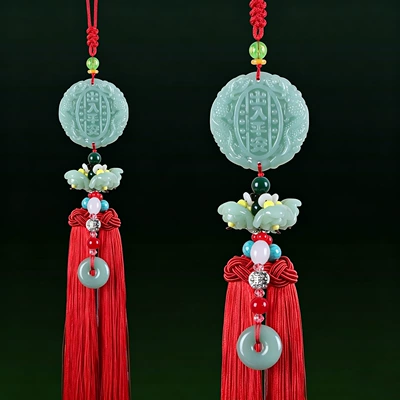 car white jade pendant, Car hanging - green-jade-one-road-safe-red-tassel-lotus-style