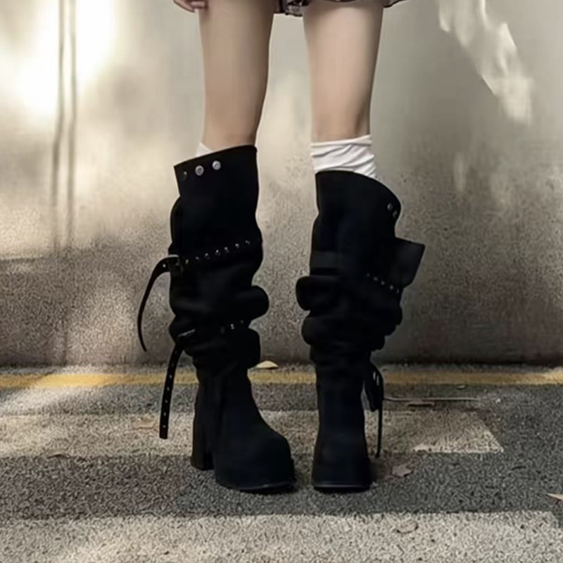 2026 Autumn and Winter Style Wide-Calf Slouchy Boots with High Heels, Western Style Bootshoes with Belt Buckle, Chunky Heel, Square Toe, Long Boots, Suede Boots 2026 Autumn and Winter Style Wide-Calf Slouchy Boots with High Heels, Western Style Bootshoes with Belt Buckle, Chunky Heel, Square Toe, Long Boots, Suede Boots