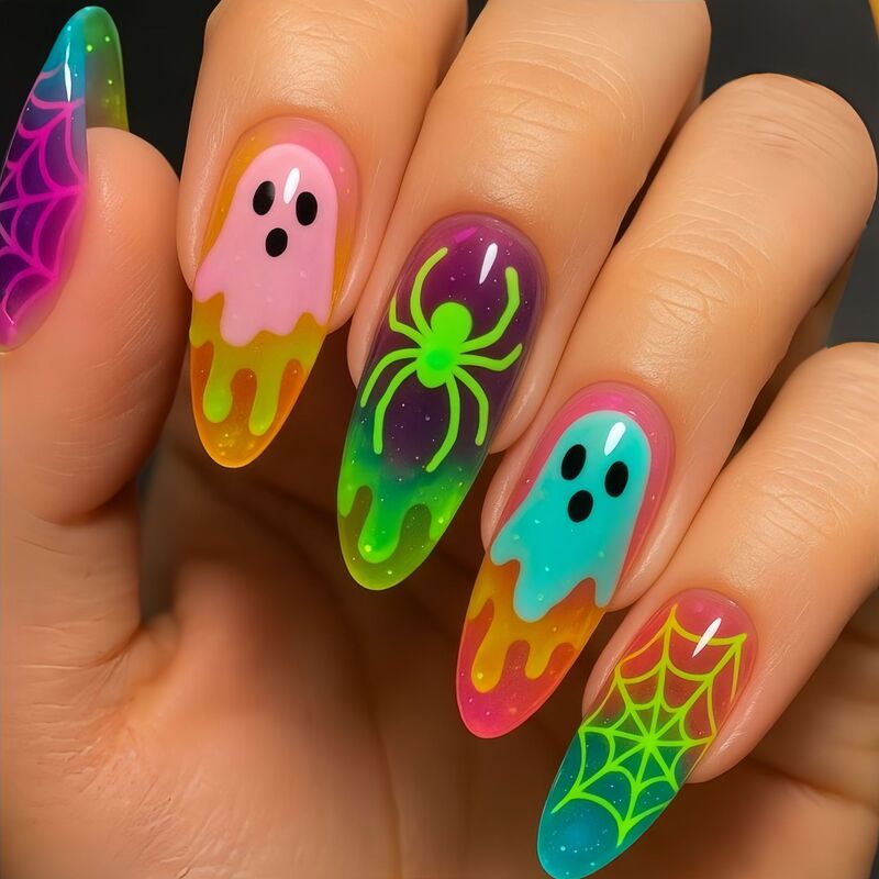 Neon Gradient Halloween Nails, Ghost Spider Slime Nail Art, European and American Fashion Fake Nails