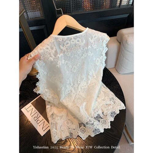 Modern Chinese-style lace embroidery crossover vest with a high-end, elegant temperament, gentle Chinese style sleeveless short-sleeve top