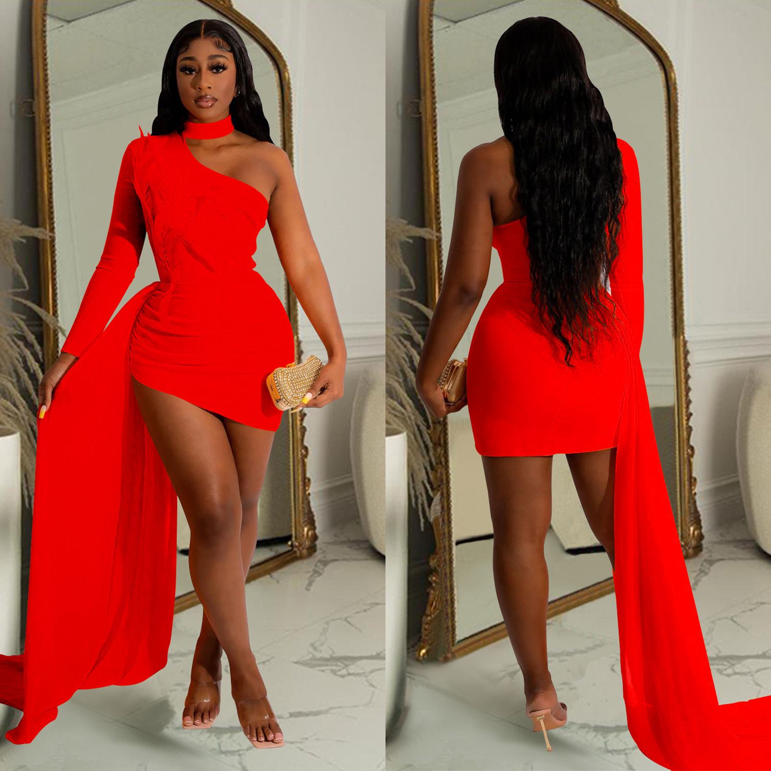 X6126 transfronterizo AliExpress Amazon moda europea y americana de las mujeres capa de la pluma sola manga larga vestido de hombro de las mujeres