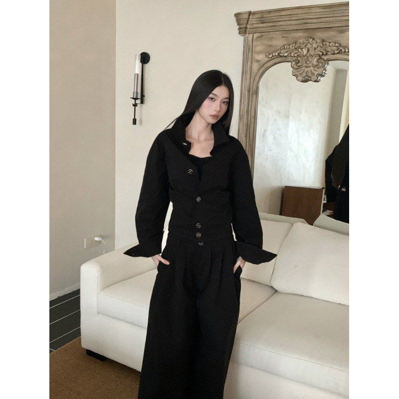 GraceChic GraceChic Autumn Hepburn Style "Urban Elite" Crisp Texture Waist-Cinching Short Shirt And Pleated Wide-Leg Straight Pants Set_voghion.com