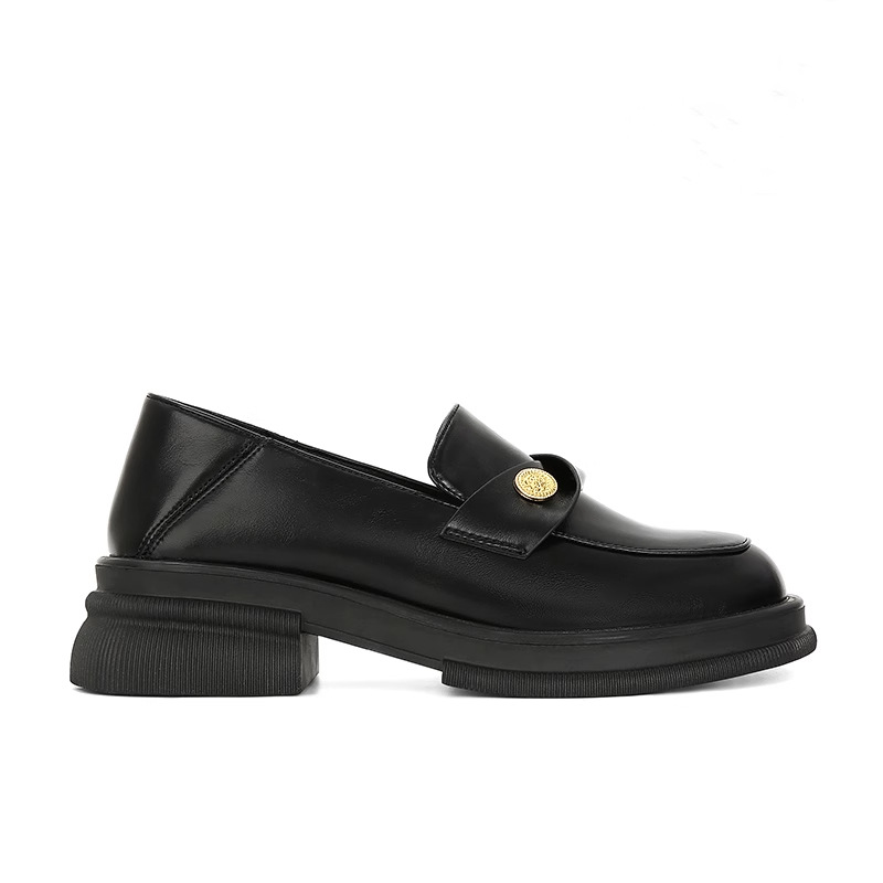2025 primavera nuevo estilo británico de monedas de oro Lefour zapatos de tacones gruesos con suela suave zapatos de cuero de suela gruesa para mujeres