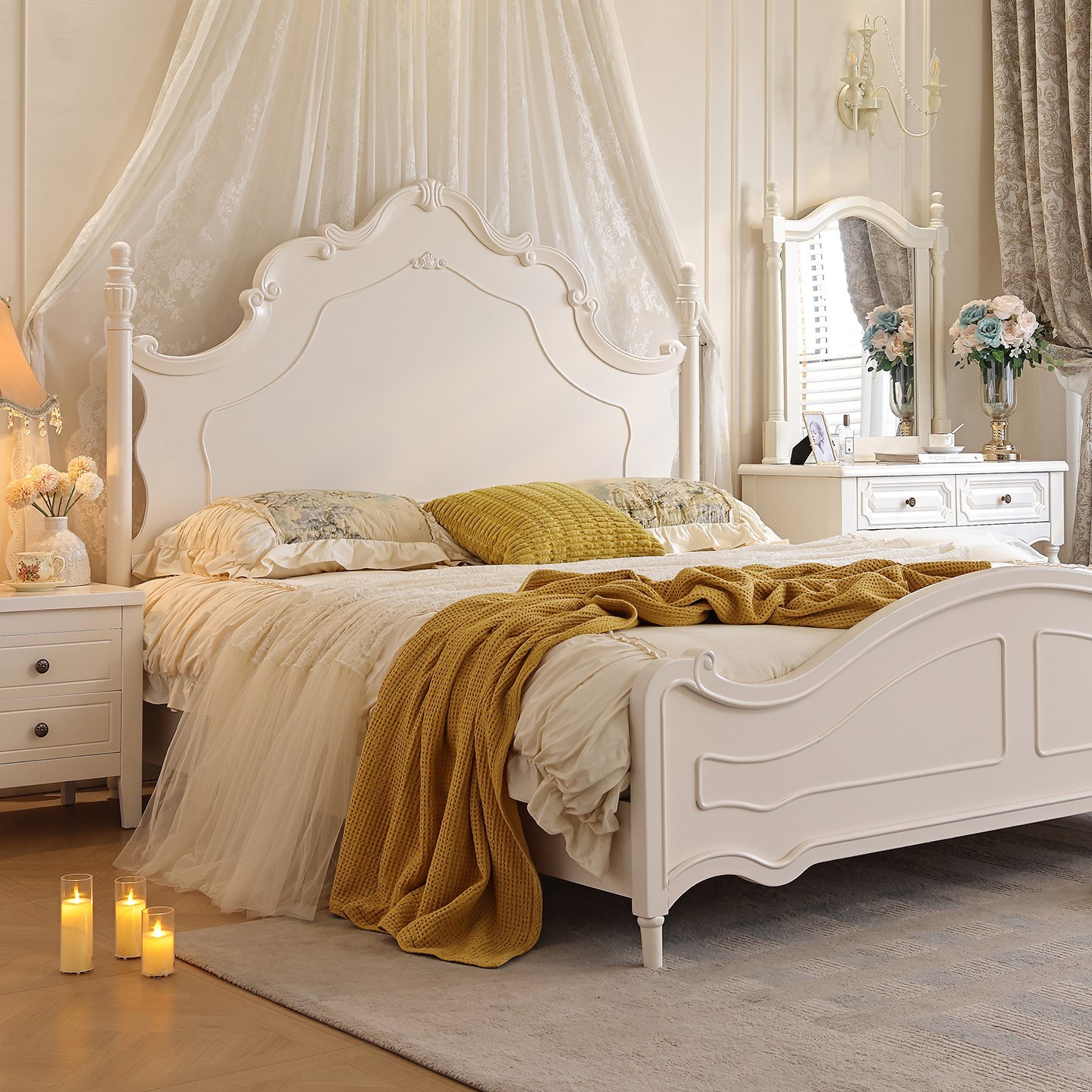 White Princess Bed in French Palace Style, 2026 New Model, Solid Wood Bed, High-End Large Bed for Master Bedroom