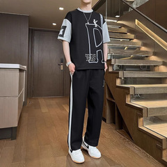 若者半袖ズボンツーピースメンズファッションラウンドネック新しい夏服夏パイナップルチェック柄カジュアルスポーツスーツ