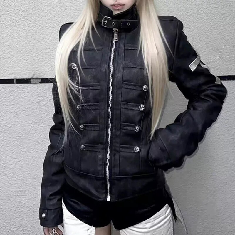 Subcultural black straight-shoulder leather jacket for men, spring slim-fit cross visual punk style short jacket Subcultural black straight-shoulder leather jacket for men, spring slim-fit cross visual punk style short jacket