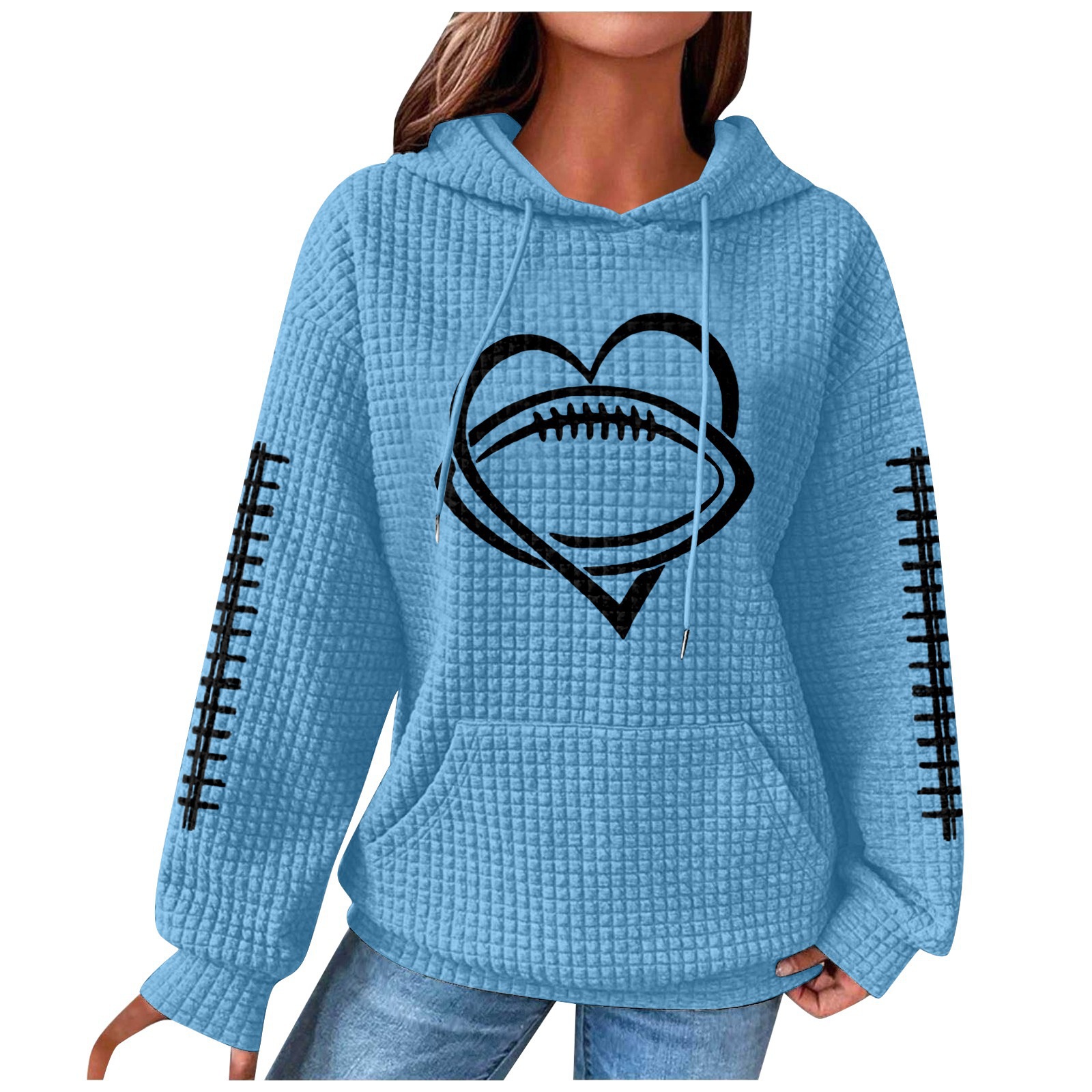 Women's Rugby Hoodie Waffle Knit Pullover Sweatshirt Print_voghion.com
