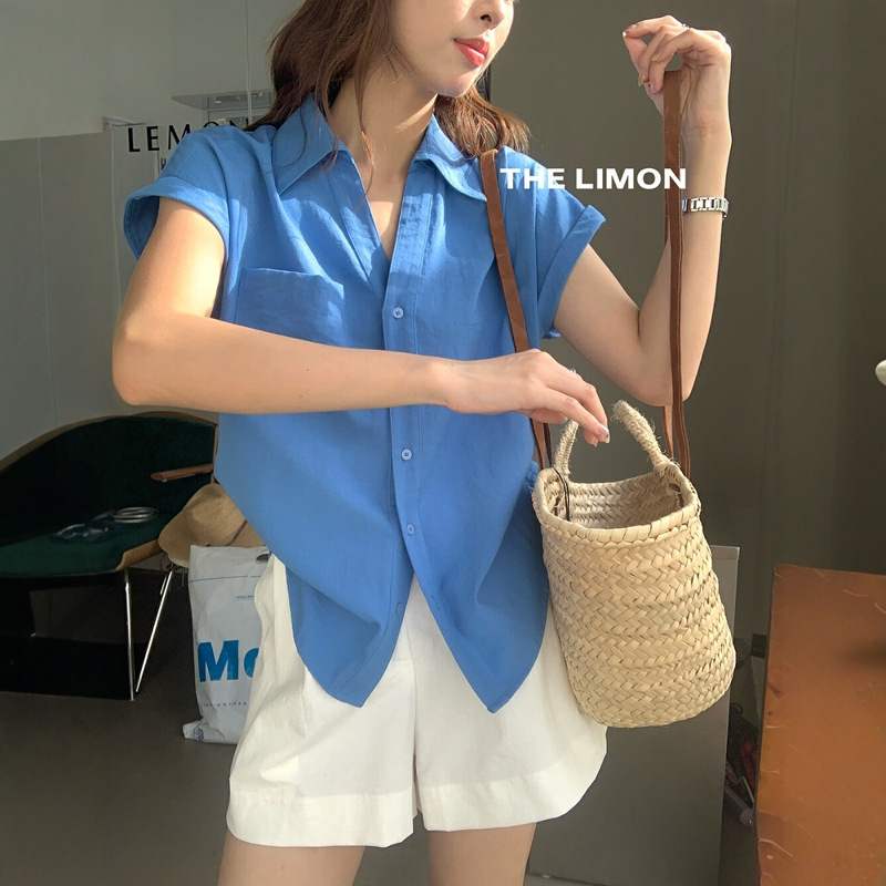 Korean Blue High-End Small Flying Sleeve Polo Collar Short-Sleeved Shirt for Women Summer Loose Unique Cotton and Linen Lapel Top Korean Blue High-End Small Flying Sleeve Polo Collar Short-Sleeved Shirt for Women Summer Loose Unique Cotton and Linen Lapel Top