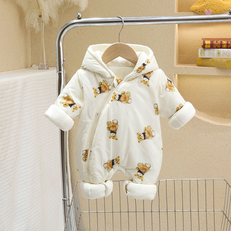 Ropa de una pieza de manga larga para recién nacidos de invierno, mameluco con capucha de dibujos animados para bebés y niñas