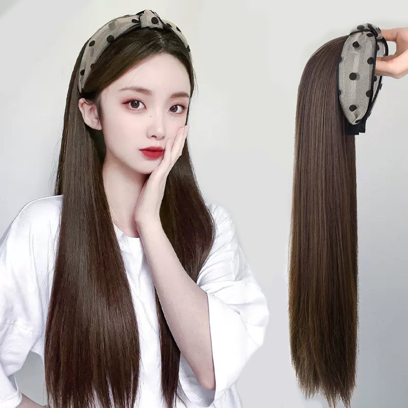 Wig headband hair row one-piece headband wig half head cover straight hair temperament black long straight U-shaped head cover