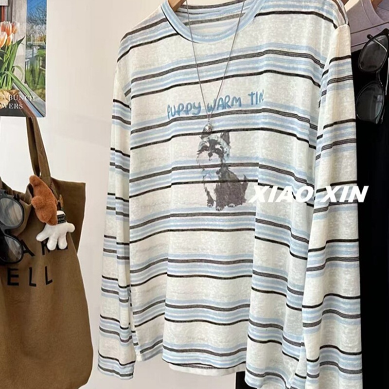 Snowflake Cotton with Beautiful Color Scheme~ Cute Puppy Print Ultra-Thin Light Blue Striped Sun-Protective Long-Sleeve T-Shirt for Women, Loose Fit Cover-Up