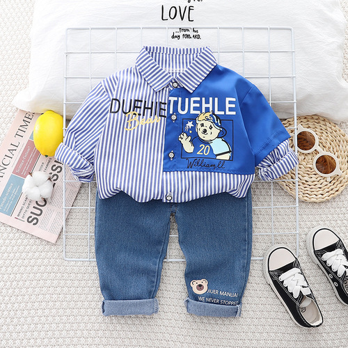 Boys Spring and Autumn Suit Little Boy Baby Cartoon Bear Shirt Jeans Two-piece Set Korean Style Toddler Fashion Western Style