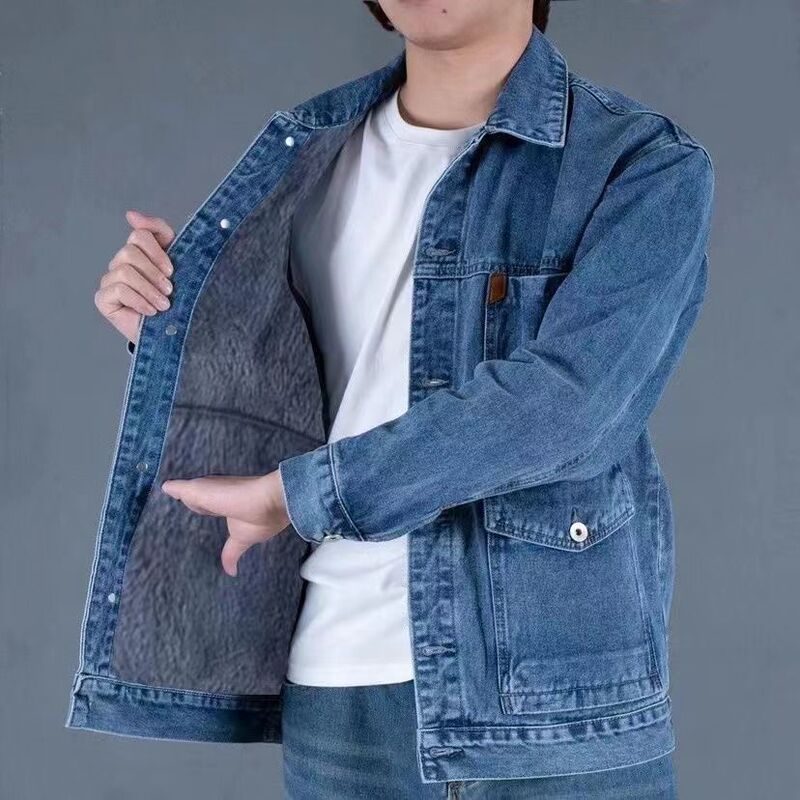 Men's Windproof Denim Jacket Men's Winter Middle-Aged Loose Warm Fleece-Lined Wear-Resistant Thickeneded Large Size Denim Jacket
