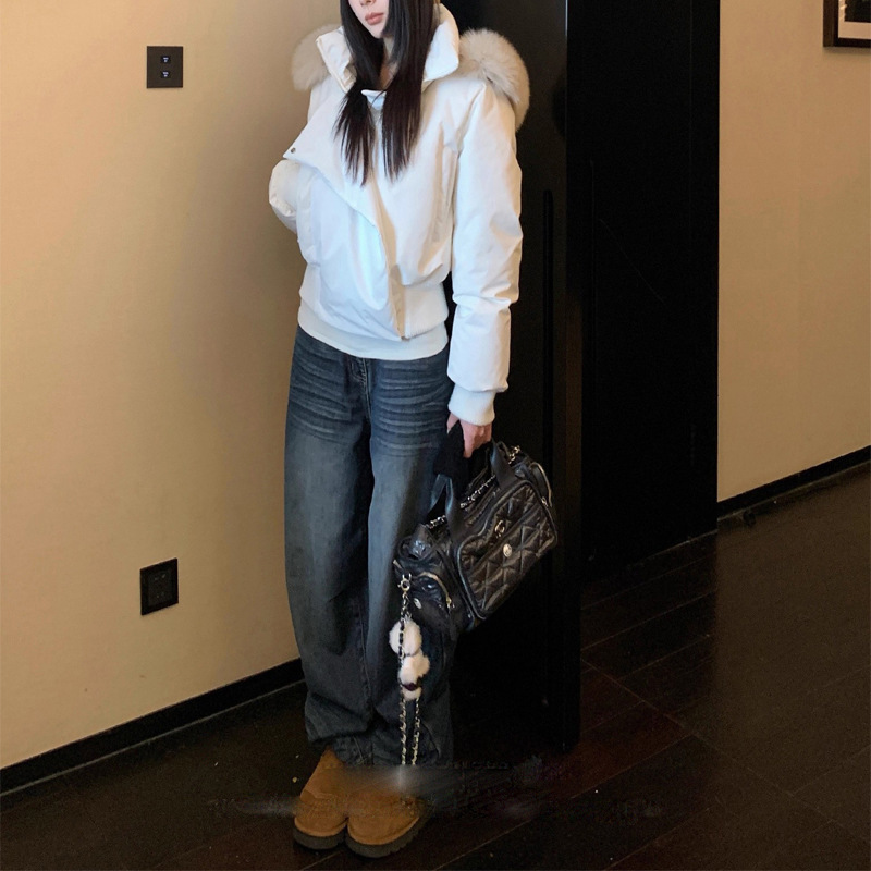 2025年新款貉子毛领白色短款羽绒服女冬季加厚90白鸭绒连帽外套女