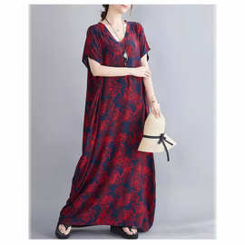 跨境女装新中式文艺棉绸连衣裙轻薄透气大码宽松V领长袍一件代发