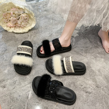 2026新款亮片高档厚底毛毛拖鞋外穿夏季女仙女网红百搭一字凉拖鞋