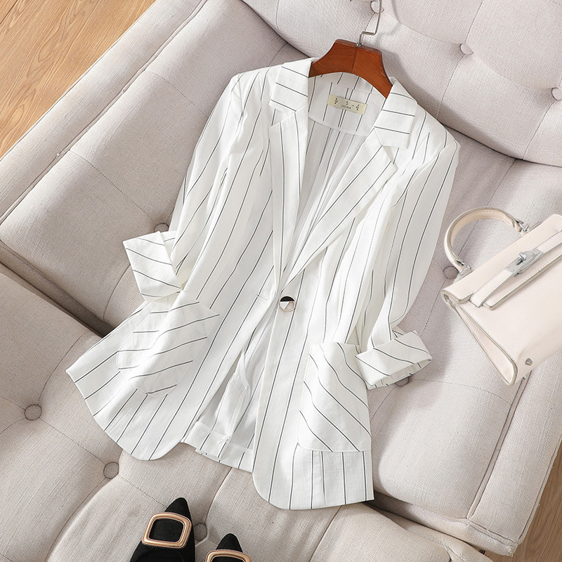 White Stripesd Suit Jacket Women's Short 2025 New Summer Fashion Casual Elegant Thin Small Suit Top White Stripesd Suit Jacket Women's Short 2025 New Summer Fashion Casual Elegant Thin Small Suit Top