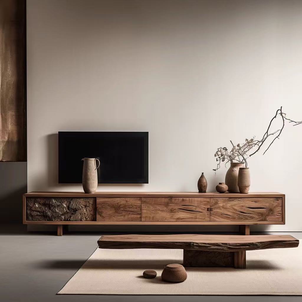 Wabi-Sabi Style Solid Wood Tv Cabinet, Simple Solid Wood Living Room Floor-Standing Small Apartment Furniture, Retro Storage Cabinet, Low Cabinet