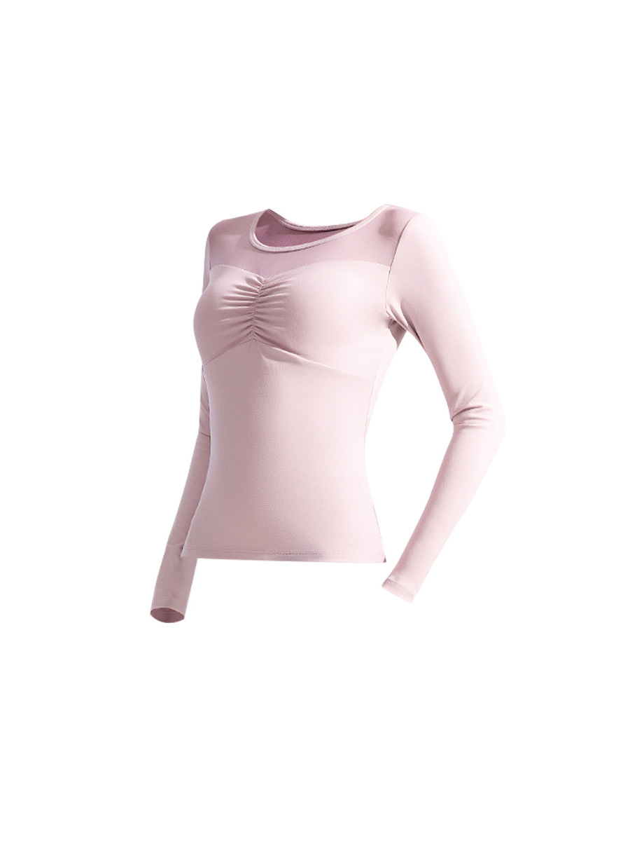 Liquidación: Camiseta de yoga de manga larga para mujer con almohadillas en el pecho, camiseta deportiva ajustada con diseño de malla fruncida.