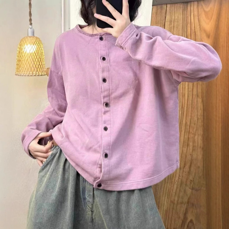 New Loose-Fitting Versatile Casual Fashion Terry Cotton Button-Up Sweatshirt for Women, Round Neck Cardigan, 2025 Spring Candy Color Top