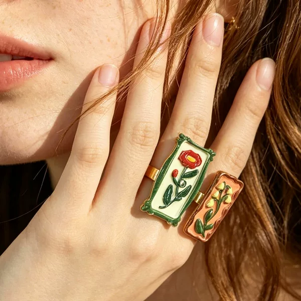 ZA cross-border European and American exquisite and elegant geometric retro trendy three-dimensional oil-drip colorful flower adjustable women's ring