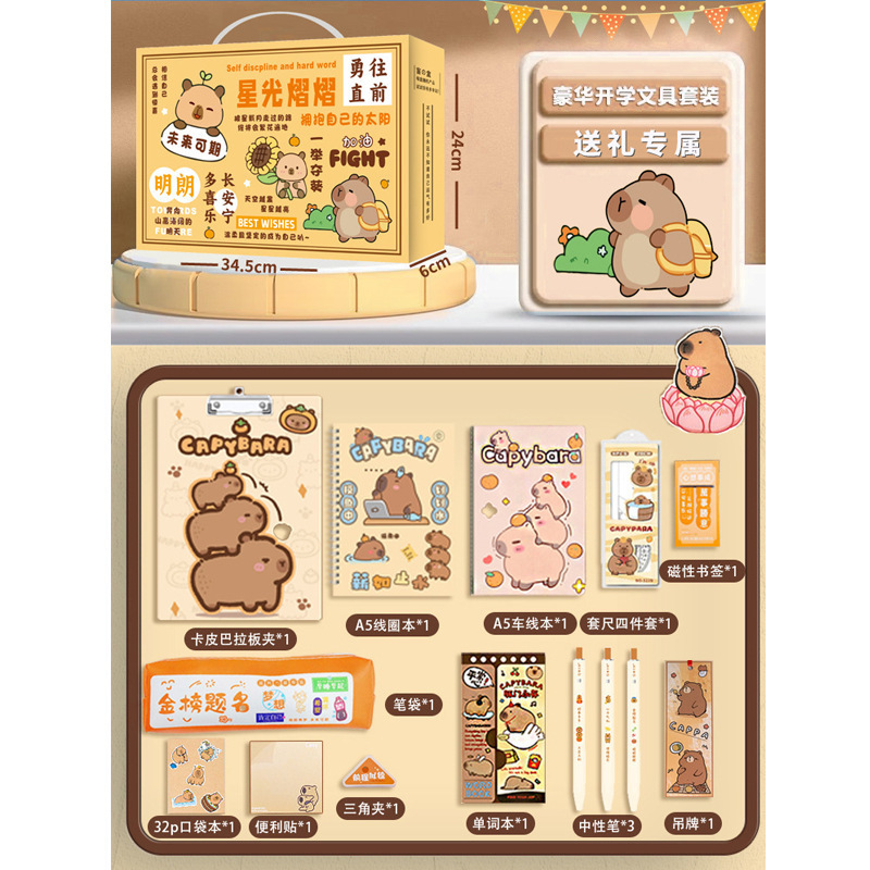 Paquete de regalo de regreso a clases para estudiantes de primaria, caja de regalo con artículos de papelería educativos, set de capibara, pegamento en crema, agenda