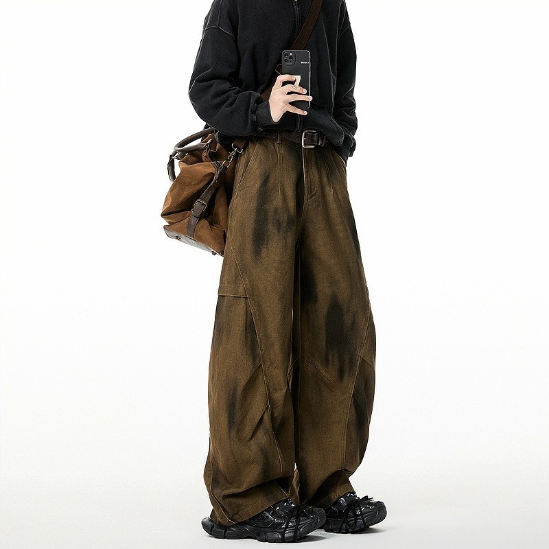 Wukong Has American Retro Patchwork Dirty Dyed Scimitar Cargo Pants for Men, Spring Loose Versatile Wide-Leg Niche Long Pants