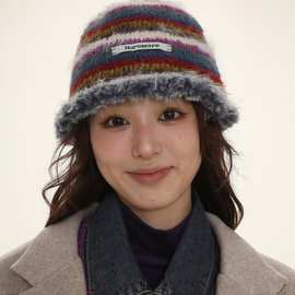 璐兮秋冬新款毛线帽女复古毛边手钩撞色条纹帽子保暖渔夫帽