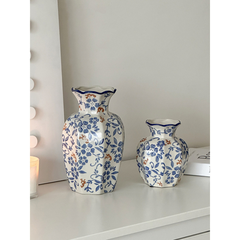 Nuevo jarrón de cerámica azul china nueva decoración de estilo chino sala de estar floral decoración de vestíbulo de estilo antiguo peonía floral