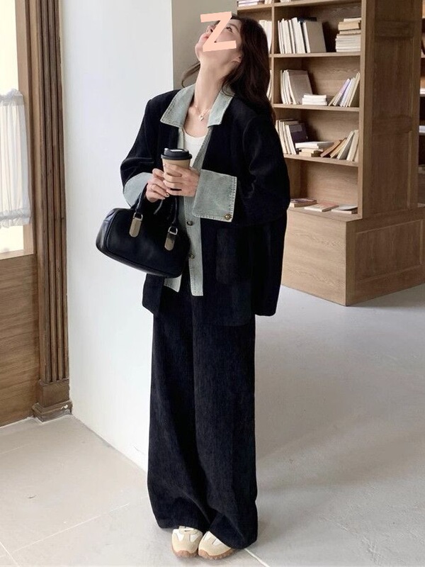 Korean Style High-End Denim Splicing Suit Jacket Wide-Leg Pants Two-Piece Set for Women Spring and Autumn New Suit Trendy