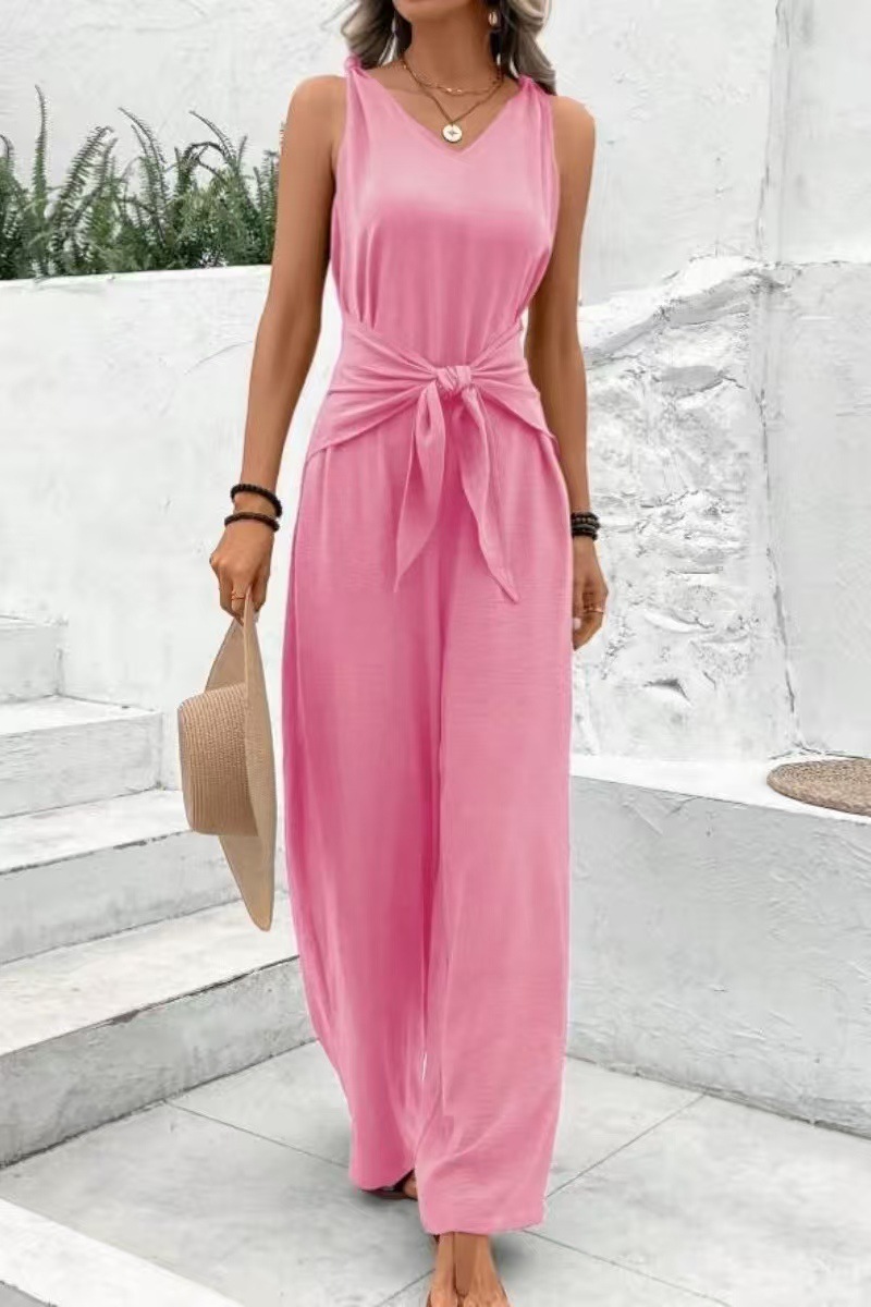 Damen Jumpsuit Mit V-ausschnitt Knoten-detail Und Weitem Bein_voghion.com